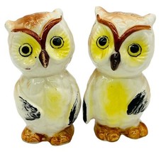 Vintage Owl Couple Salt Pepper Shakers Brown Yellow Japan Hand painted 3 inch - £12.50 GBP