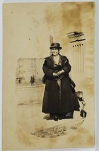 RPPC Large Woman with Dog Posing for Photo on Sidewalk Postcard R4 - £6.26 GBP