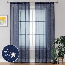 Navy Blue Star Curtains 39 X 106 Inch Length，Kids Room Sheer Voile Window - £24.92 GBP