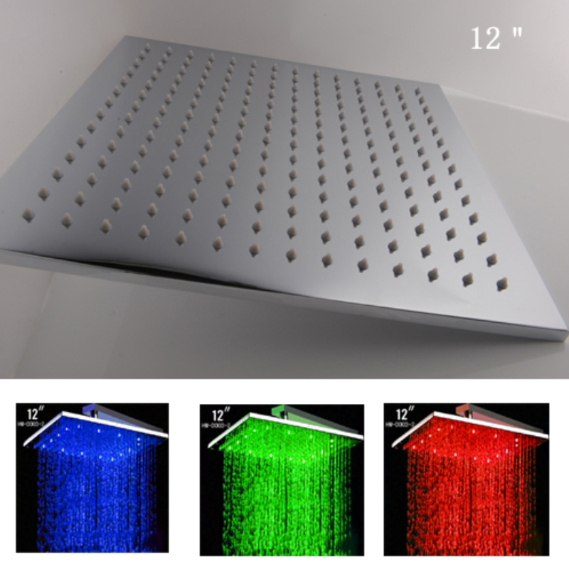 12 Inch Square Solid Brass LED Rain Shower Head Chrome Bathroom Ceiling Sprayer