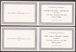 Emmanuel Bowes &amp; Wife Jane Hebron (2) UK Memorial Funeral Cards (1903) - $17.50