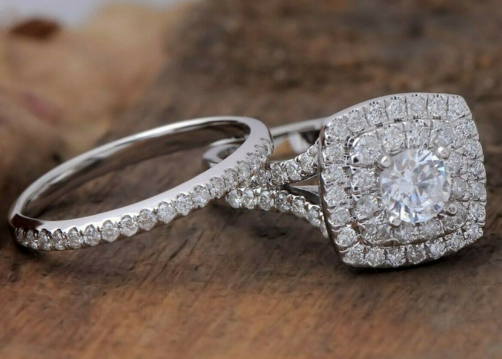 3.15Ct Round Cut Diamond 925 Sterling Silver Double Halo Engagement Ring Set