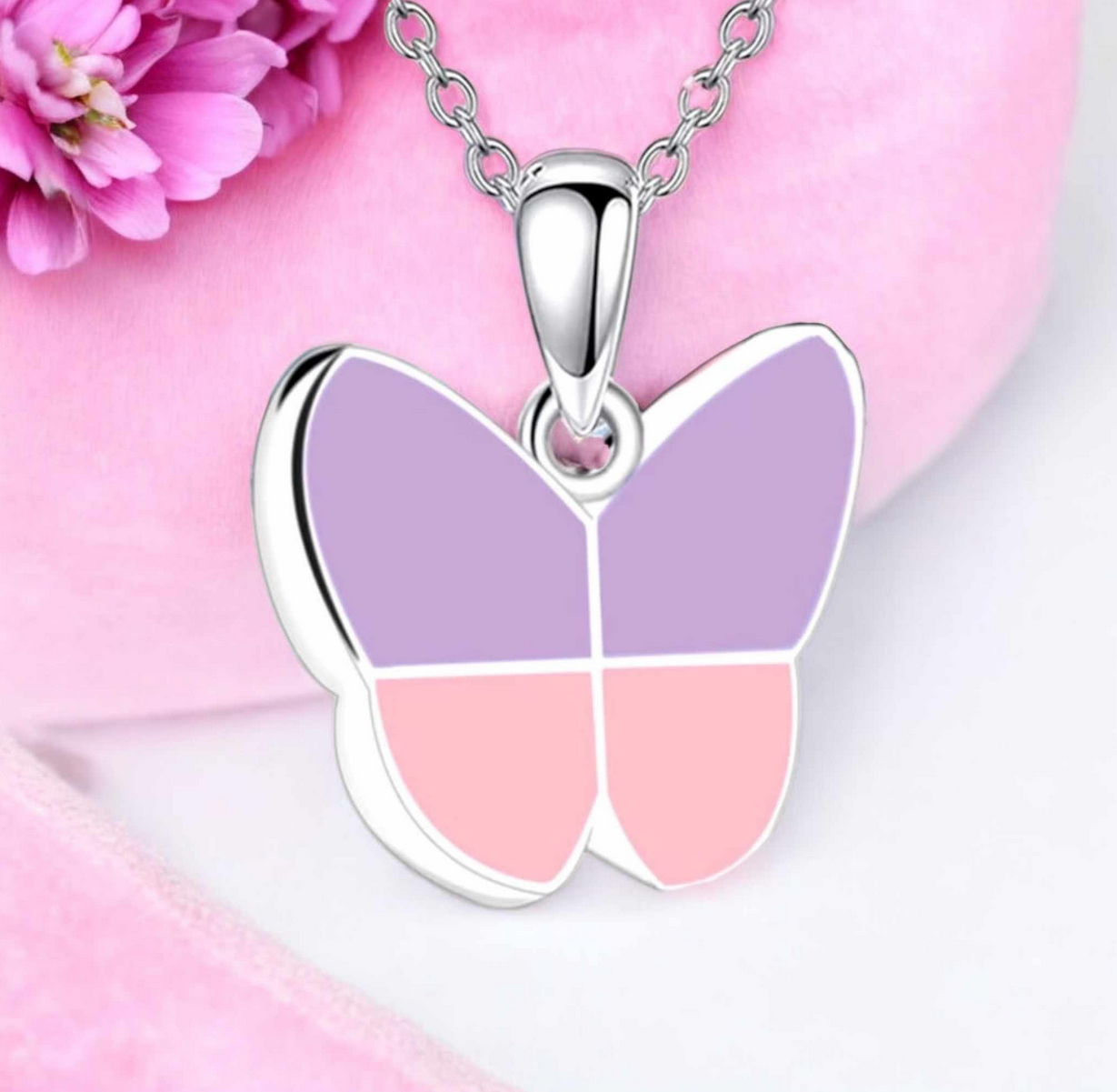 Stainless Steel Purple Pink Serene Butterfly Cremation Keepsake Pendant Necklace