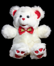 Dandee Vintage MTY Teddy Bear White Plush Red Satin Hearts Bow Tie Ultra... - $99.95