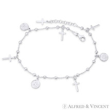 Cross &amp; Angel Charm 3mm Bead 1.3mm Rolo Chain Italy .925 Sterling Silver Anklet - £35.54 GBP