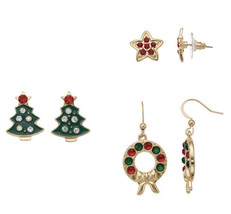 NEW Christmas Tree, Wreath &amp; Star Nickel Free Pierced Stud &amp; Drop Earrings Set - £10.05 GBP