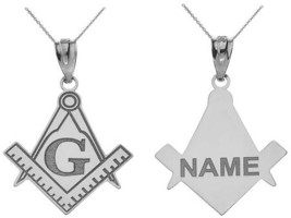 Personalized Name Silver Freemason Masonic Compass Square Pendant Necklace - £49.05 GBP+