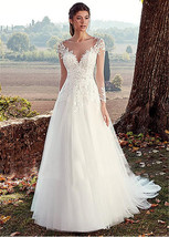 High U-neck Lace Long Sleeve A- Line Long Tail Simple Wedding Dress - $105.16