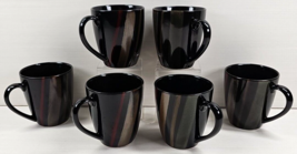 (6) Sango Avanti Black Mugs Set Brown Sand Striped Coffee Cup Stoneware 4721 Lot - £49.39 GBP