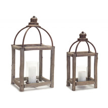 Rustic Wood Log and Antique Metal Lantern with Glass Hurricane (Set of 2) - $3,189.18 MXN