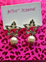 Betsey Johnson Gold Alloy Clear Crystal Star with Pearl Dangle Post Earrings - £7.98 GBP