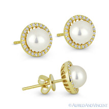 Freshwater Pearl &amp; 0.16ct Round Diamond Stud Earrings 14k Yellow Gold Halo Studs - $386.09