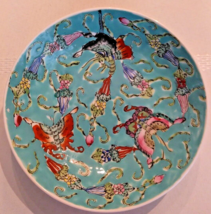 Vintage Japanese Porcelain 5.5&quot; Turquoise Plate Butterflies Flowers Trinket Dish - £14.74 GBP