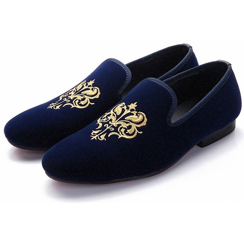 Royal Catalina Blue Embroidered Slip On Suede Leather Wedding Shoes For Man