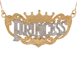 10K or 14K Two Tone Gold Princess &amp; Crown Necklace - £320.51 GBP+