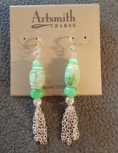 ArtSmith Fine Sterling Silver Carved Green Jade 2.75 Tassel Earrings 925 - $2,311.16 MXN