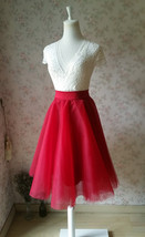 RED A-line Flare Tulle Midi Skirt Outfit Custom Plus Size Tulle Ballerina Skirt