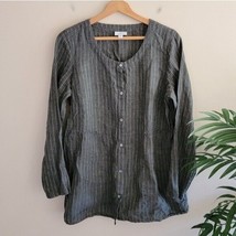 Pure Jill | Linen Dark Olive Green Striped Button Front Shirt womens size medium - £18.98 GBP