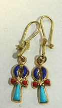 Egyptian Earring Ankh Cross Key of Life Colored Gold 18K Stamped Pharaon... - £295.58 GBP