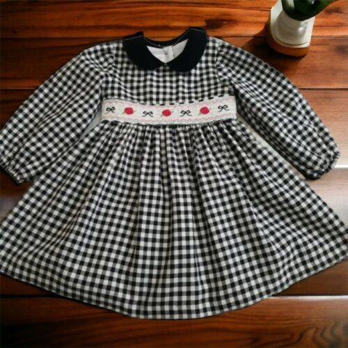 Primary image for Bonnie Baby Girl’s Size 24 Black White Gingham Smocked Dress Velvet Collar Roses