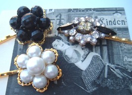 Bridal Prom Pageant Hair Bobbies Clips Pins Accessory Upcycled Vtg black white - $15.84