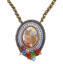 Beadwork Crystal Bunny Rabbit Cabochon Necklace Flower Beaded Chain Came... - $59.39