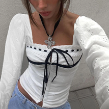 y2k Sweet Corset Stitch Lace-up Bow Cropped Top white Coquette Aesthetic Slim - £16.97 GBP+