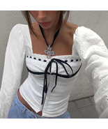 y2k Sweet Corset Stitch Lace-up Bow Cropped Top white Coquette Aesthetic... - £16.84 GBP+