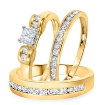 1-1/10 CT.T.W. Round Cut Diamond Trio Engagement Ring Set in 14K Yellow Gold FN - £109.96 GBP