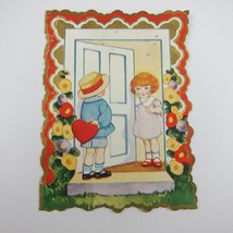 Vintage Valentine Card Die cut Bifold Redhead Girl Boy at Door Flowers Embossed - $7.99