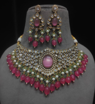 Bollywood Style Indian Gold Plated CZ Kundan Necklace Choker Pink Jewelry Set - £149.50 GBP