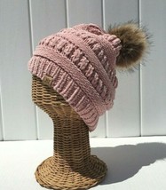 Girls Chenille Thick Knit Faux Fuzzy Fur Pom Soft Stretchy Beanie Hat Pink #D Fo - £18.85 GBP