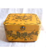 Vintage Decorative Yellow Trinket Jewelry Box Blue Cloth Inside Rose Des... - $44.54