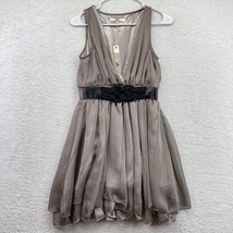 New Ya Los Angeles Fit Flare Dress Size Small Gray V Neck Braided Belt Chiffon - £19.84 GBP