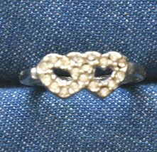 Elegant 2 Hearts Crystal Rhinestone Silver-tone Ring 1960s vintage size 6 - $12.95