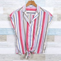 Old Navy Notch Collar Tie Hem Shirt Pink Multi Striped Short Sleeve Womens Small - £13.21 GBP
