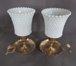 2 Vtg White Milk Glass Hobnail Peg Votive Cups Brass Finger Handle Candlesticks - £15.41 GBP