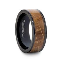 Black Ceramic Wedding Band – Whiskey Barrel Wood Inlay, Flat Comfort Fit... - $204.00
