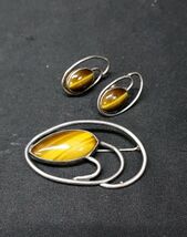 MCM Tiger's Eye Sterling Silver 925 Brooch Pin &amp; Earrings Set 23.93 Gram... - $69.99