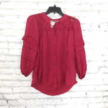 Knox Rose Top Womens Small Red 3/4 Sleeve Button Front V Neck Lace Accent Shirt - £18.72 GBP