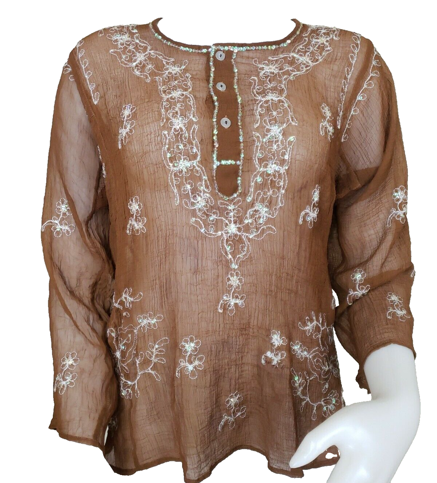Primary image for Sheer Sequin Embroidered Top Brown Gauze 3/4 Fairy Sleeve Womens XL Boho Blouse