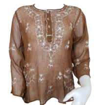 Sheer Sequin Embroidered Top Brown Gauze 3/4 Fairy Sleeve Womens XL Boho Blouse - £13.93 GBP