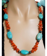 Vintage Turquoise Ovals And Branch Coral Necklace Silver Accent Beads 24&quot; - £63.30 GBP