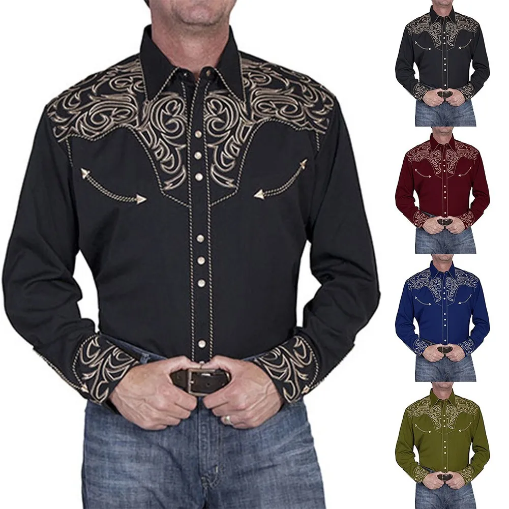 Men Western Long-Sleeve Shirts Casual Slim Button Down Dress Shirt Blouse Tops - £29.23 GBP