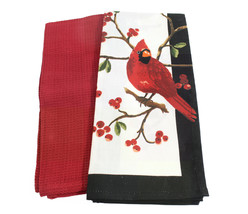 Winter Theme Red Cardinal Bird Kitchen Towel &amp; Solid Red Towel 18&quot;x28&quot; Unused - £16.42 GBP