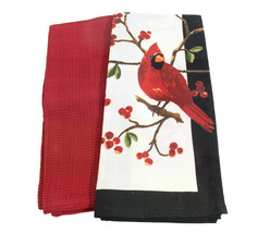 Winter Theme Red Cardinal Bird Kitchen Towel &amp; Solid Red Towel 18&quot;x28&quot; Unused - £16.15 GBP