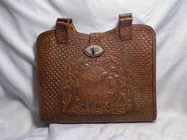 Deer Scene Floral Patterned Hand-Tooled Leather Purse Handbag Tote Turn ... - £79.64 GBP