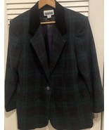 Women’s Plaid Jacket w/ Velvet Style Collar Size Petite 12 Green Preppy ... - $49.22 CAD