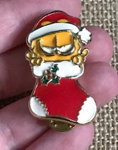 Rare Vintage Garfield The Cat In Christmas Stocking Enamel Brooch Pin Holiday - £18.96 GBP