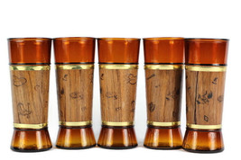 Set of 5 Siestaware Amber Glasses Western Theme Tiki Walnut Wood Covered  - £23.22 GBP
